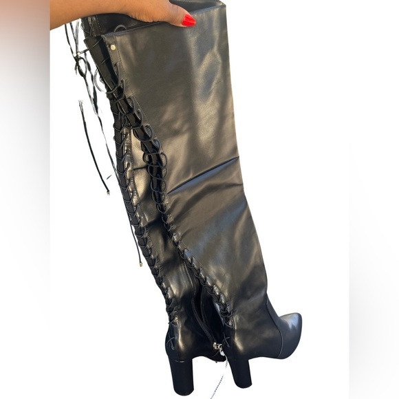 KURT Geiger Pointed Toe Knee High Lace-Up Black Leather High Block Heeled Boots - Picture 9 of 16